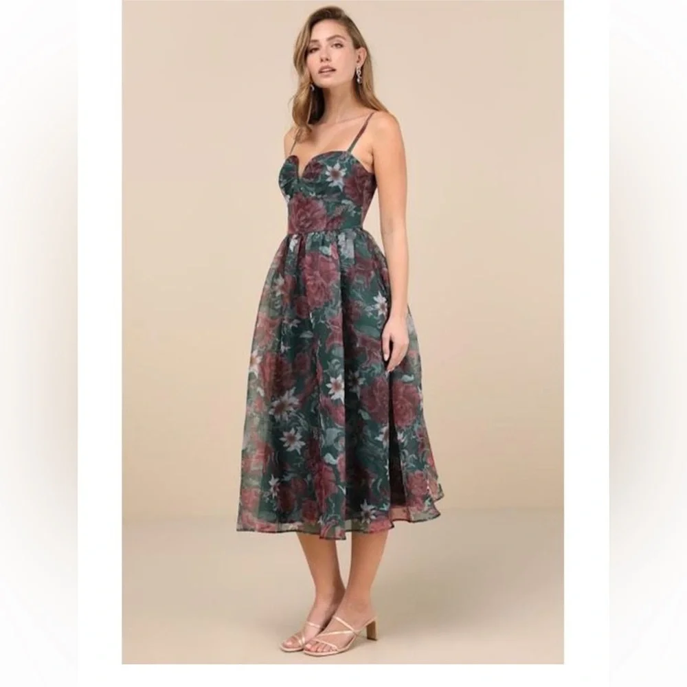 Lulu's Forest Green Floral Midi Dress with Rose Accents - Picture 2 of 8